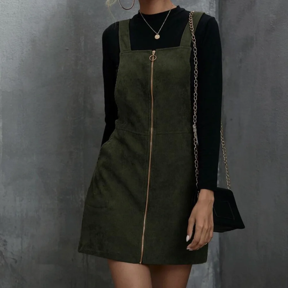 Rust Brown corduroy Zipper Mini Dress Pockets - Picture 7 of 8